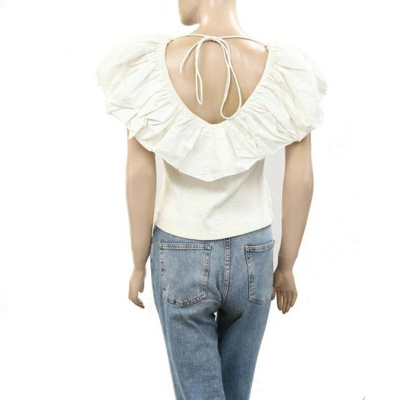Maeve Anthropologie Ruffled V-Neck Blouse Top Ribbed Ivory Solid S New - Picture 3 of 4